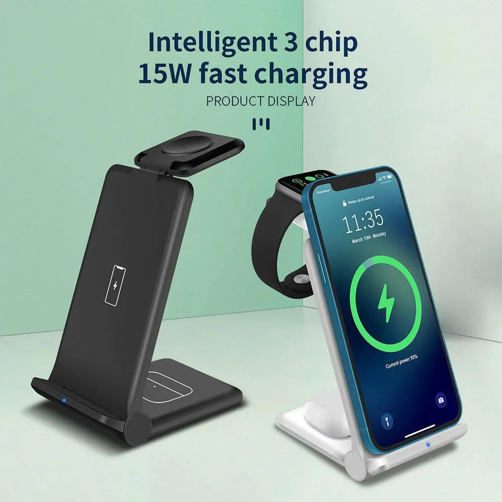 Black and white 3-in-1 wireless charging station for phone, AirPods and Apple Watch on a desk.
