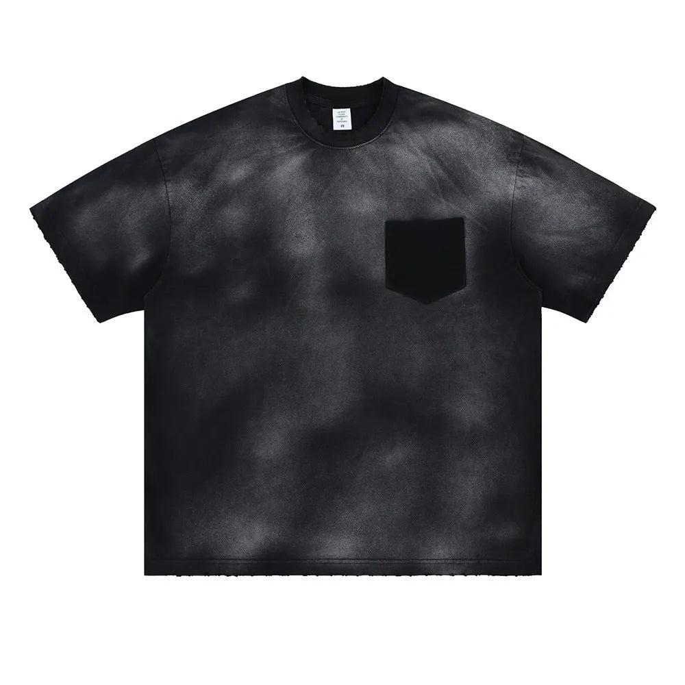Black men's loose fit cotton T-shirt with drop-shoulder sleeves and a printed design.
