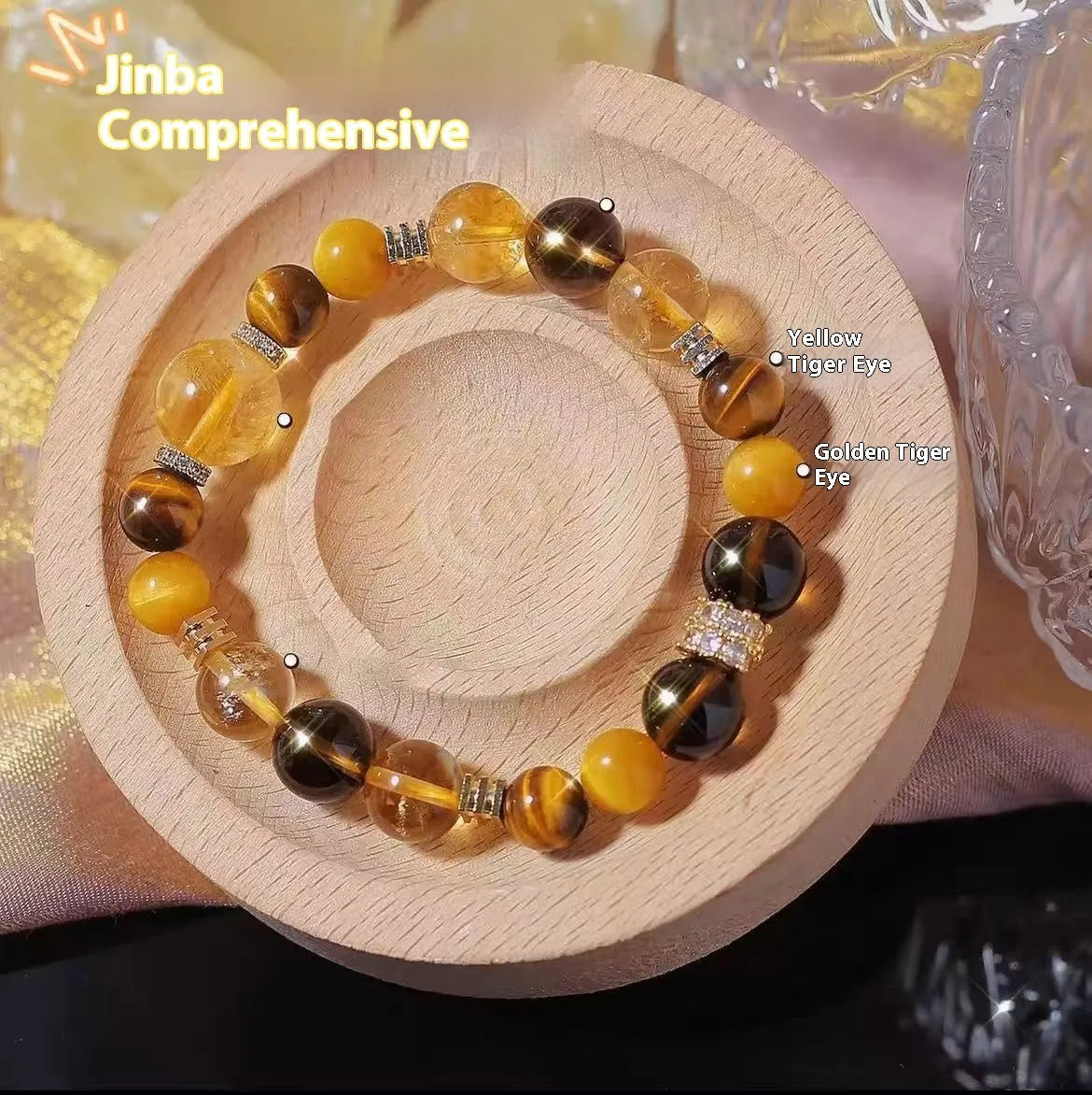 Natural yellow tower crystal string beads bracelet with 10mm Jinba design on wrist