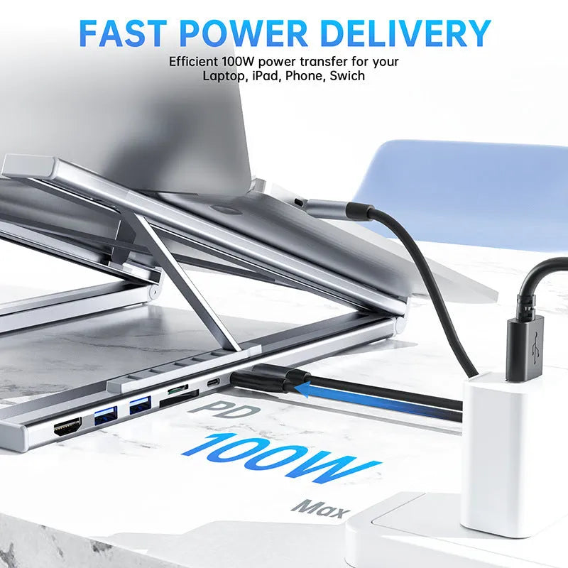 Aluminium alloy folding 8-in-1 docking station with laptop stand function