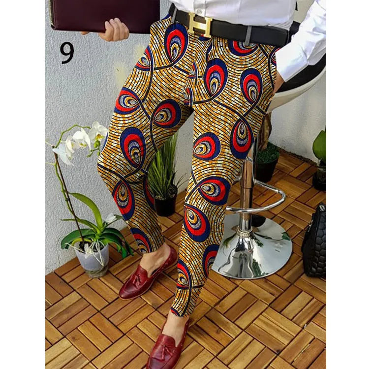 Men's slim-fit plaid casual trousers with elastic waist and straight leg styling