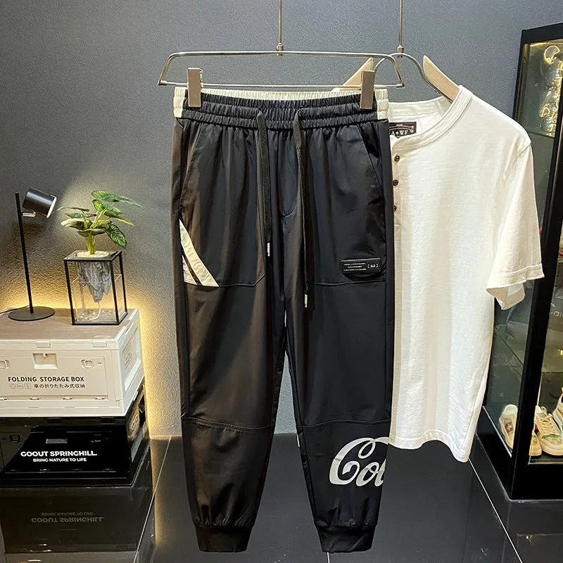 Men's solid black ultra-thin ice silk ankle banded cropped casual trousers