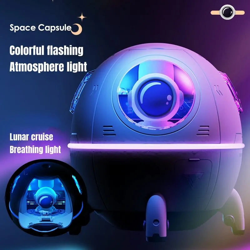 Astronaut-themed USB desktop humidifier with colourful LED base and compact 110mm design