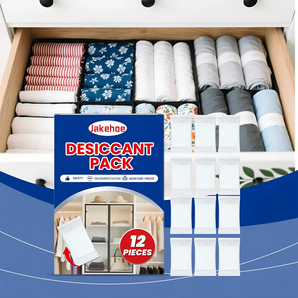 Pack of 12 white calcium chloride anti-odour desiccant bags for home moisture control.