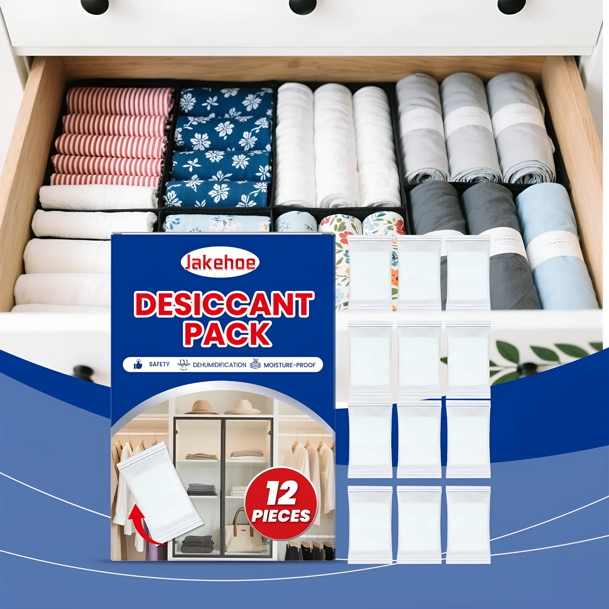 Pack of 12 white calcium chloride anti-odour desiccant bags for home moisture control.
