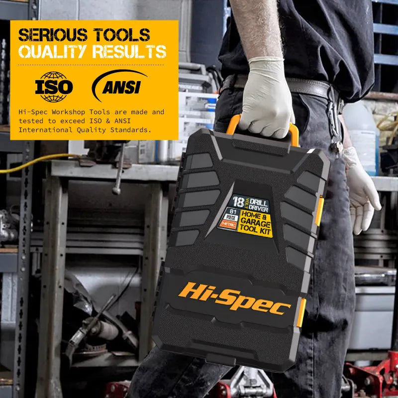 Grey-yellow toolbox open to show 82-piece chrome-vanadium steel tool set for furniture installation.