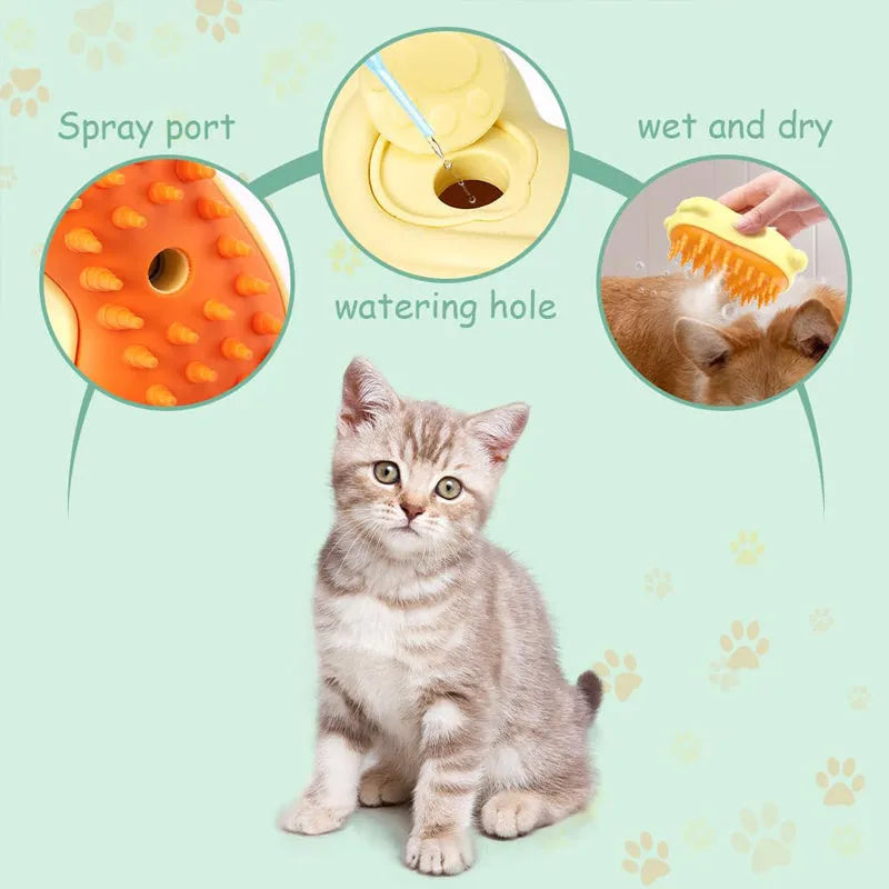 3-in-1 steam grooming brush for cats and dogs on a white background, showing ergonomic handle.