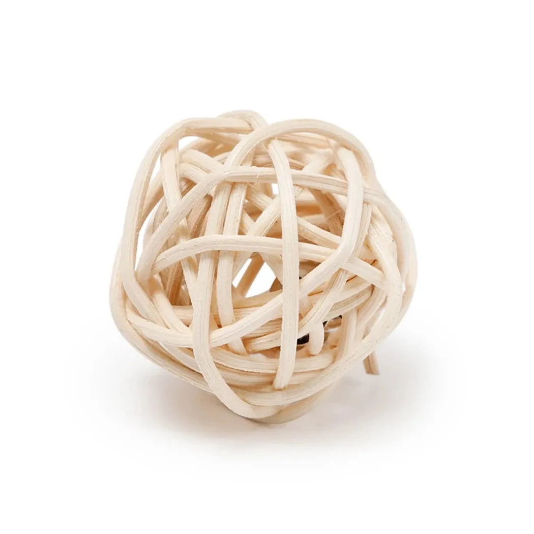 Cat toy set showing rattan ball and faux feather ball with bell, measuring 4x9cm and 3.5cm diameter respectively