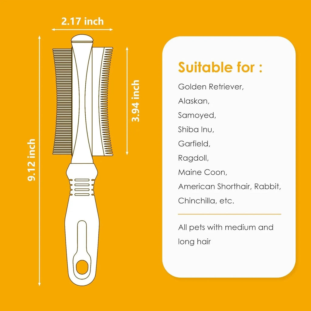 White double-sided pet grooming brush with curved comb and deshedding brush functions