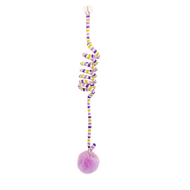 Hanging cat toy with suction cup, spring attachment, inflatable ball and bell stick in multiple colour options
