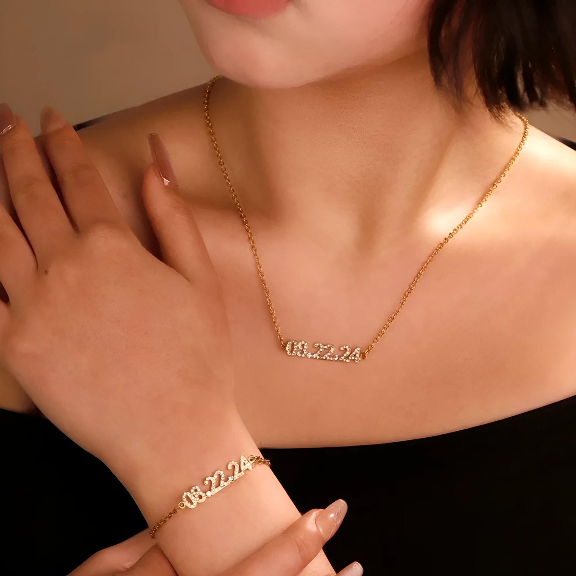 Stainless steel digital bracelet with diamond-set numbers on display, shown in gold colour.