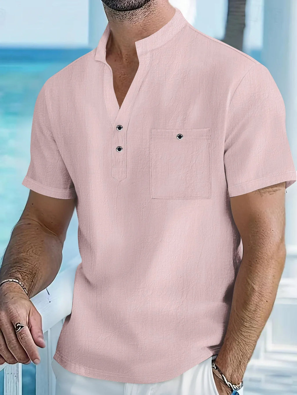Men's linen blend stand collar T-shirt in light blue with short sleeves and loose fit