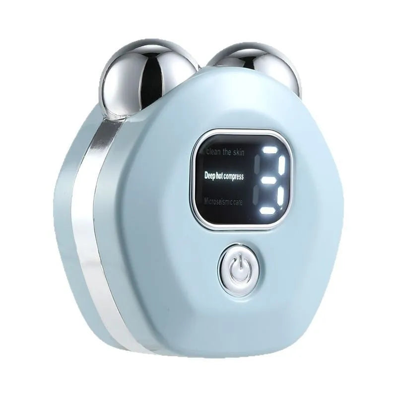 Portable hot compress and micro current facial massage instrument with double roller head