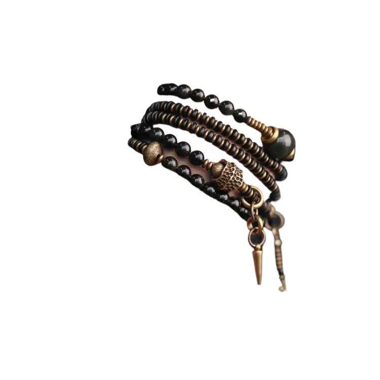 Geometric black stone beaded bracelet with multi-layered retro design