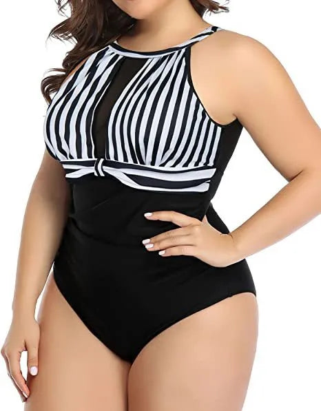 Women's black lace one-piece swimsuit with red floral and striped pattern options.