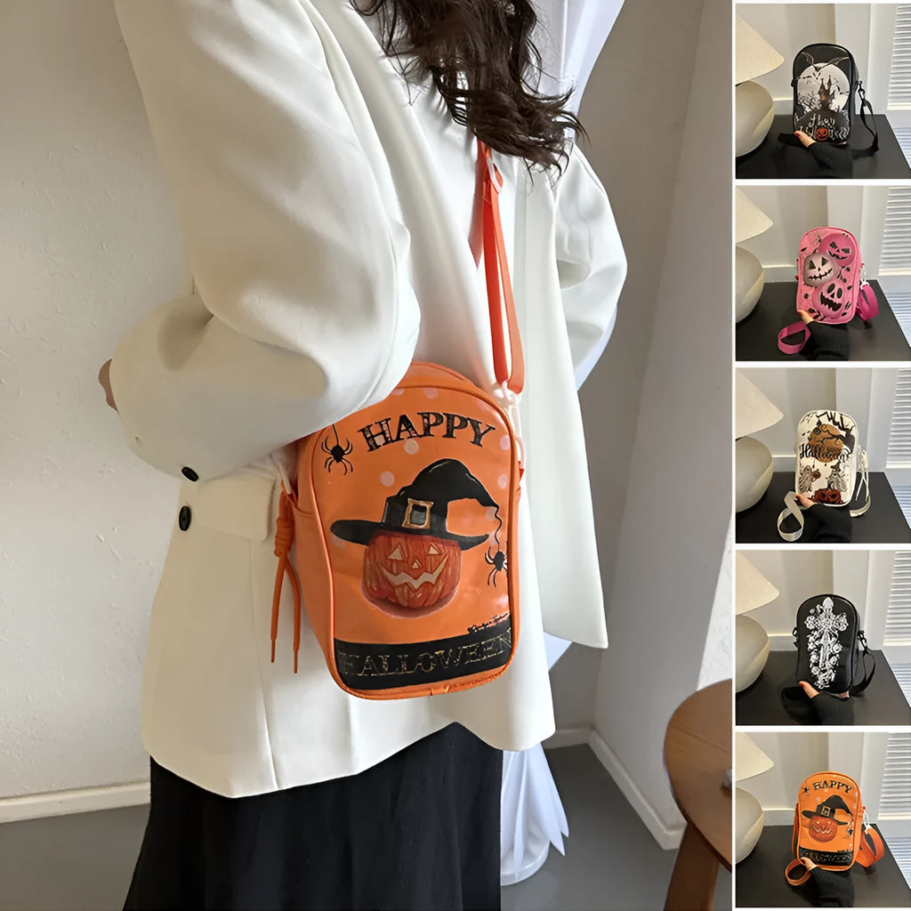 Halloween graffiti print crossbody bag with pumpkin ghost bat designs in black colour