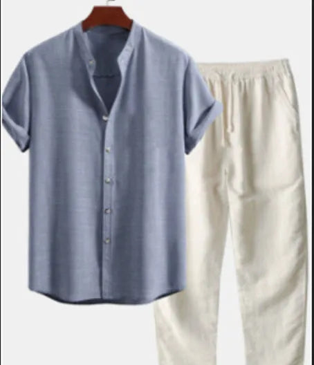 Men's floral print polyester shirt cardigan and trousers casual suit set