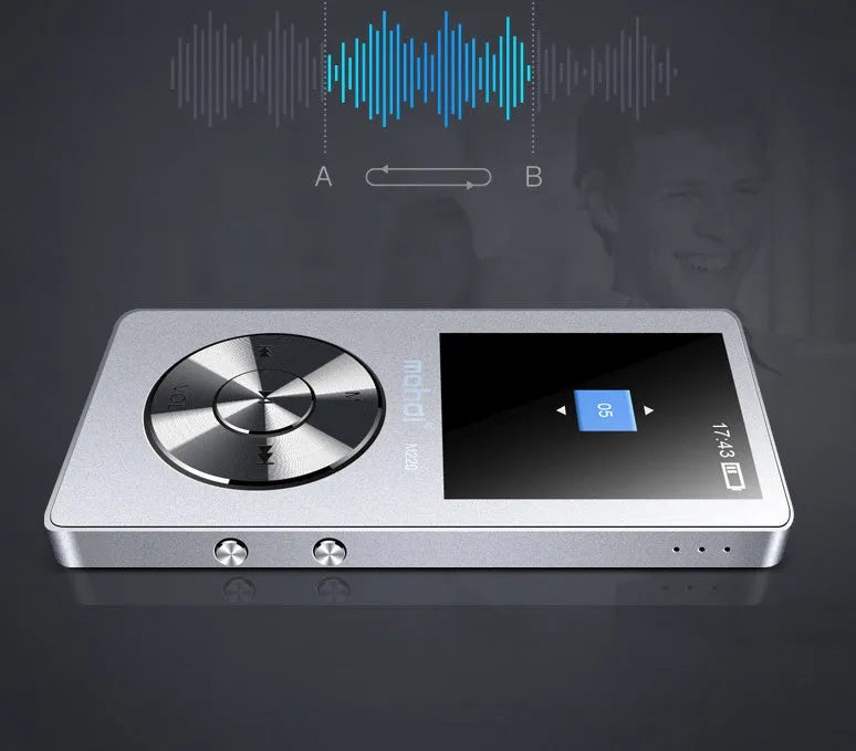 Gold all-metal portable MP3 player with 1.8-inch screen showing music menu