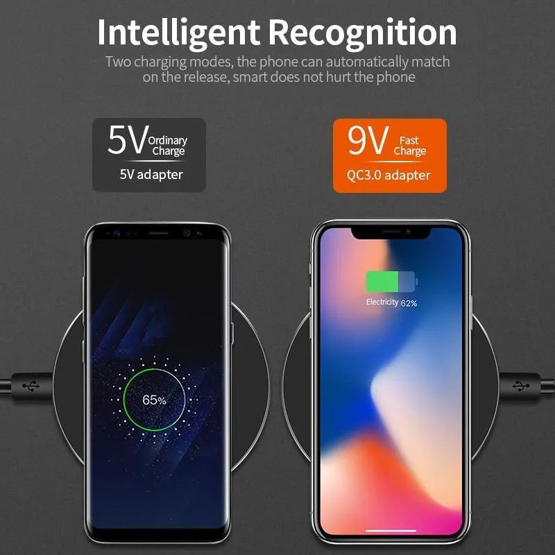 Ultra-thin black square wireless charger with fast 9V QI charging capability