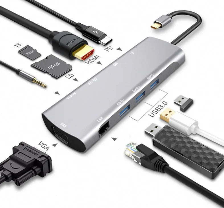 Grey USB-C docking station with aluminium alloy shell and 140mm cable showing HDMI and VGA ports