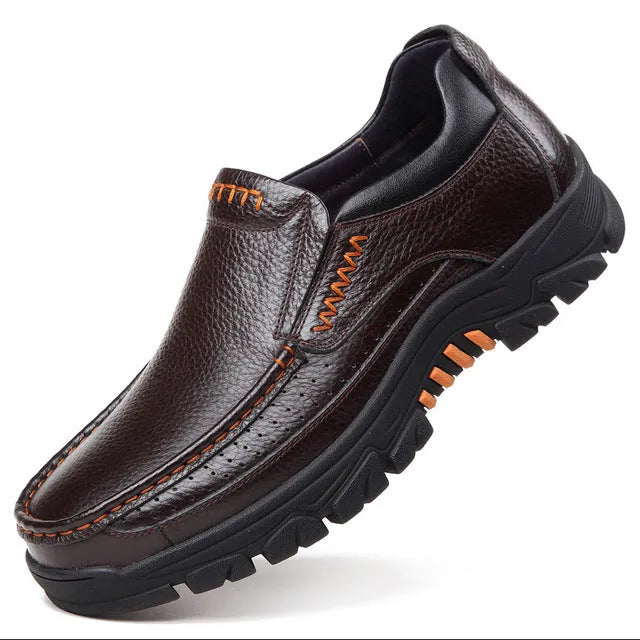 Men's black leather slip-on business casual shoes with a rubber sole.