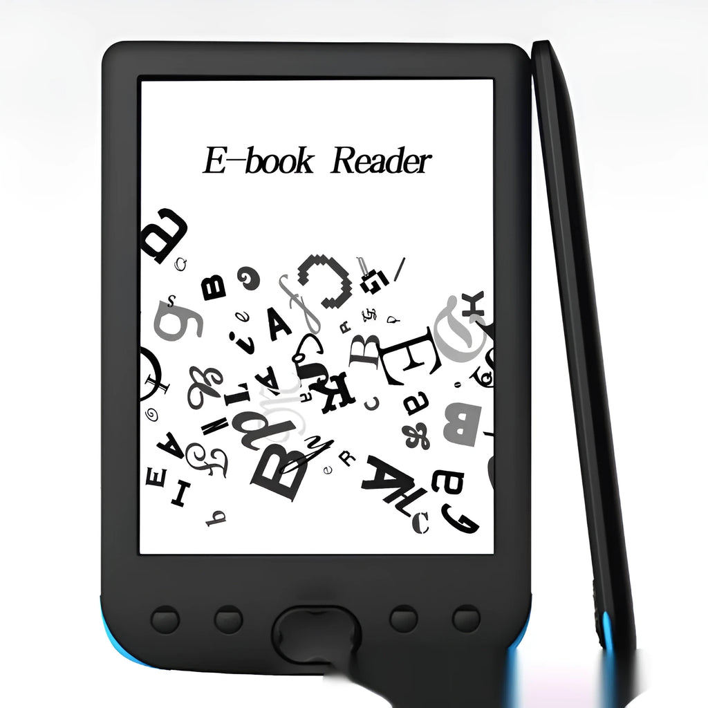 Black 6-inch E-ink e-book reader with anti-glare screen on a table.