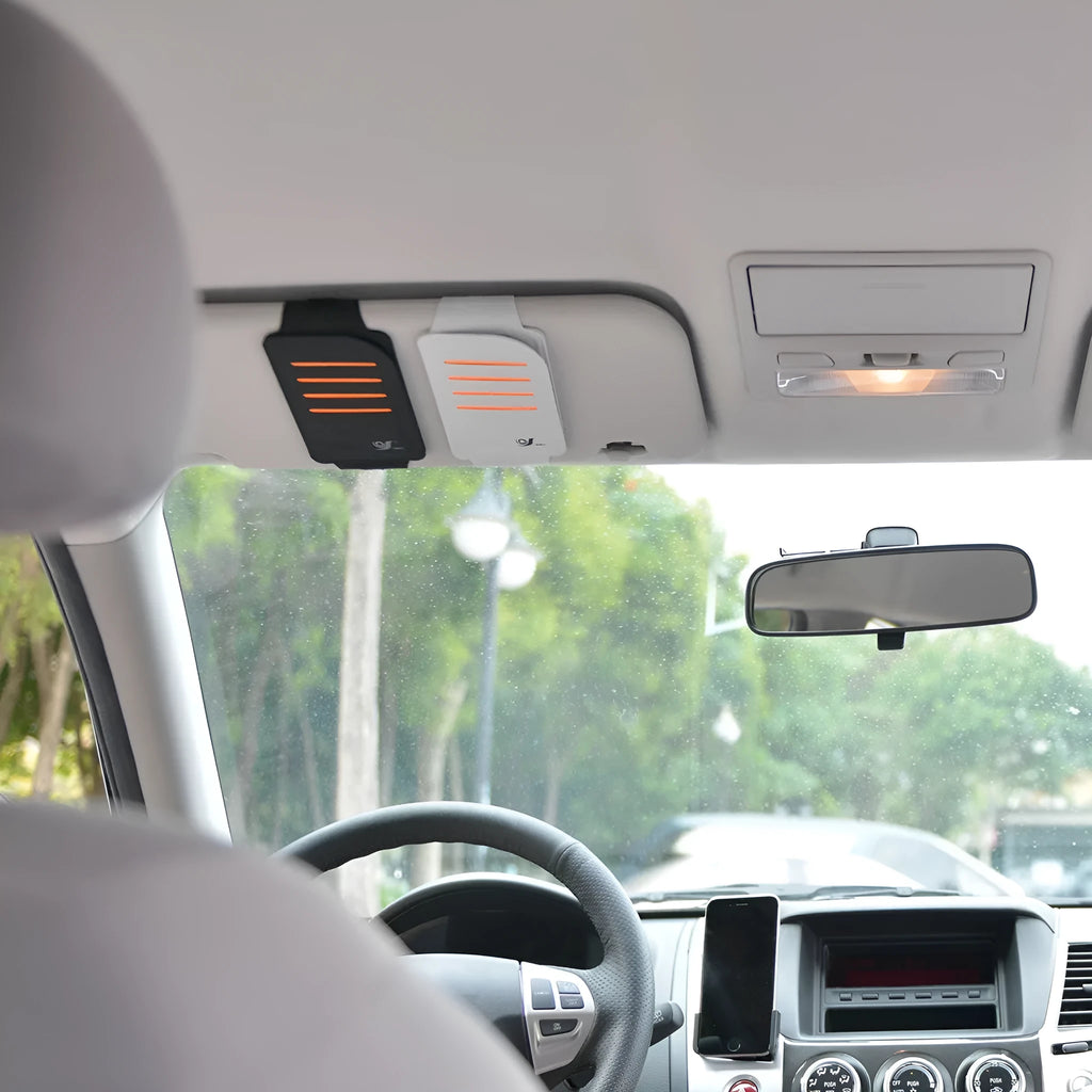 Four car sun visor shading panels with vehicle storage bag in black or grey colour options