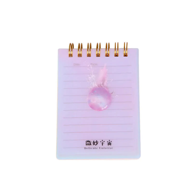Spiral bound A7 pocket notepad with PP cover shown in Constellation, Sakura, Universe, and Ocean design options.