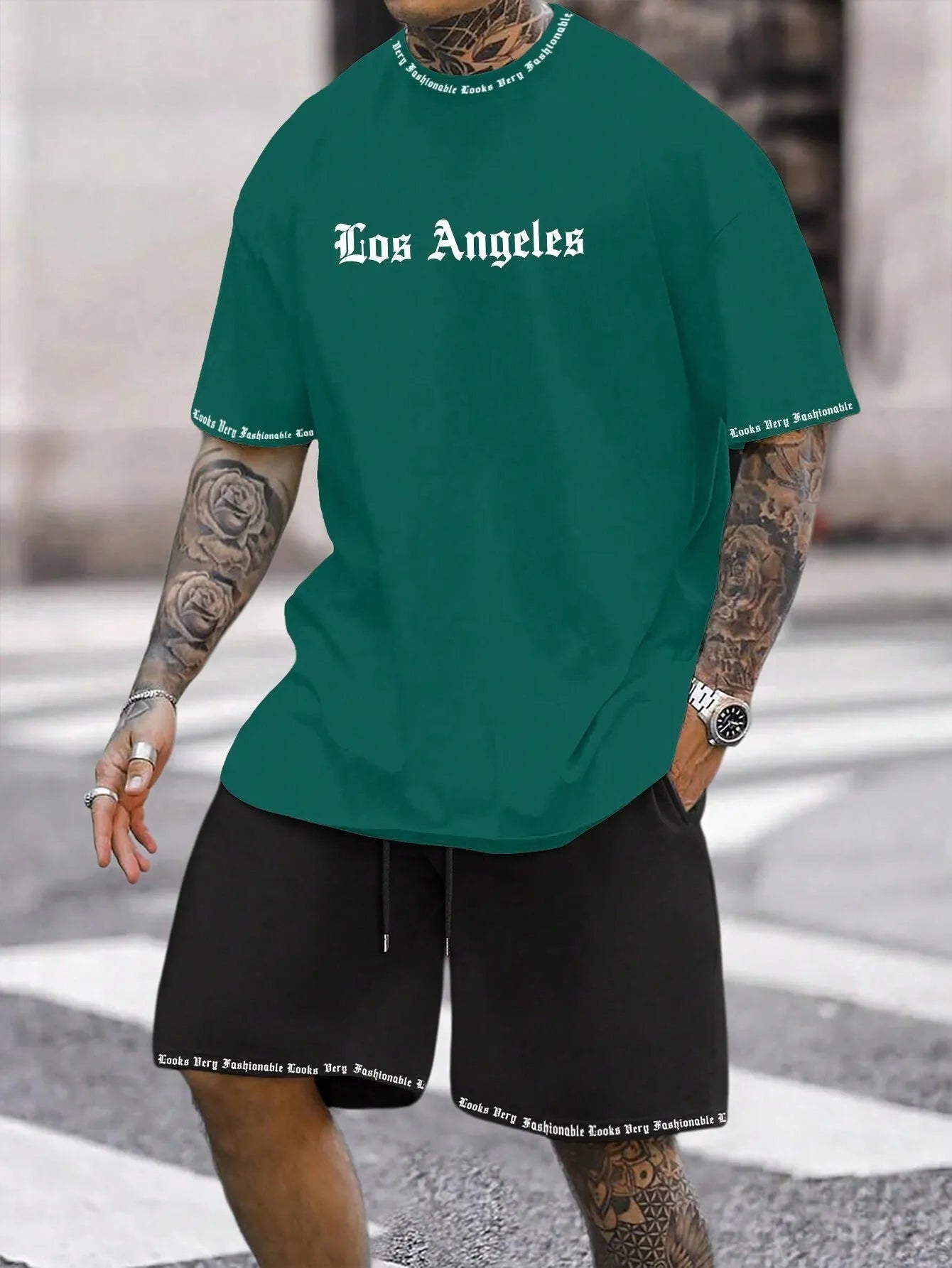 Men's printed sports shorts suit with short-sleeved top in multiple colour options
