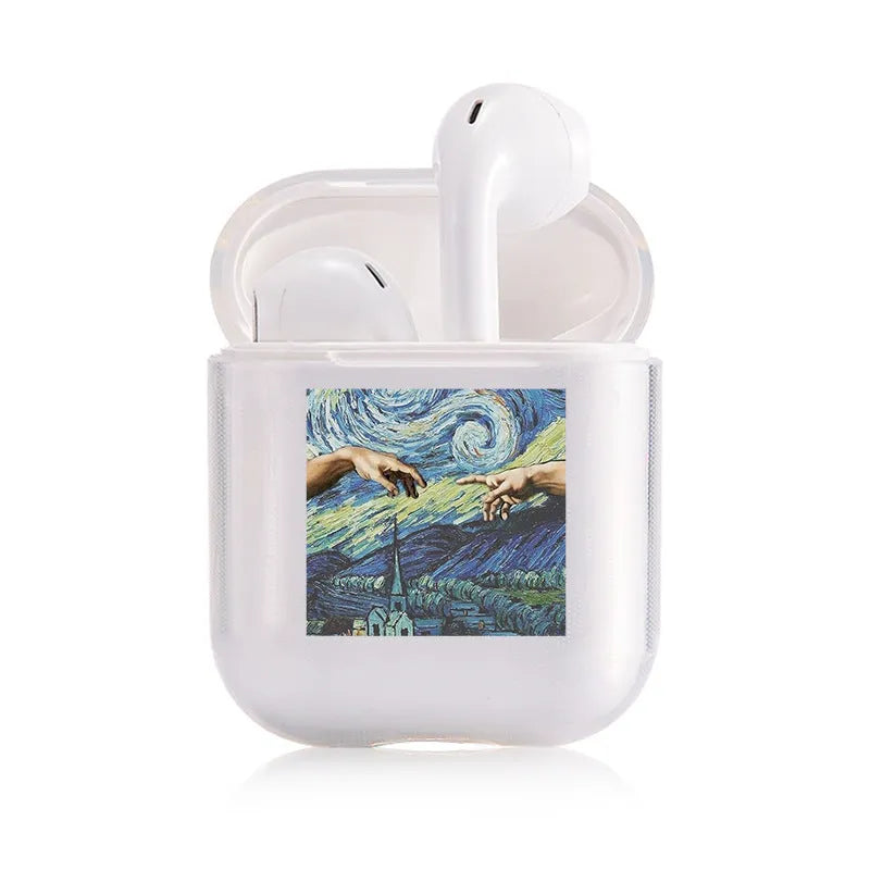 Transparent plastic AirPods protective cover showing Apple device inside with colour variation options