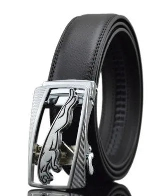 Men's black leather belt with automatic buckle mechanism measuring 3.5cm wide