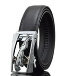 Men's black leather belt with automatic buckle mechanism measuring 3.5cm wide