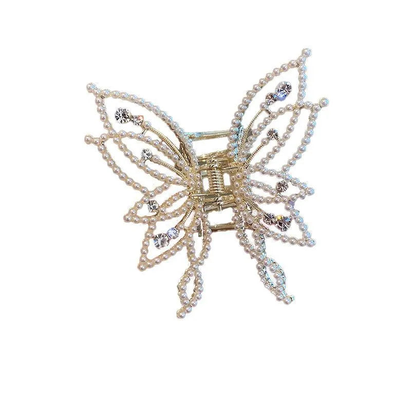 Butterfly hair clip for women with alloy construction and electroplated finish in rhinestone or pearl style