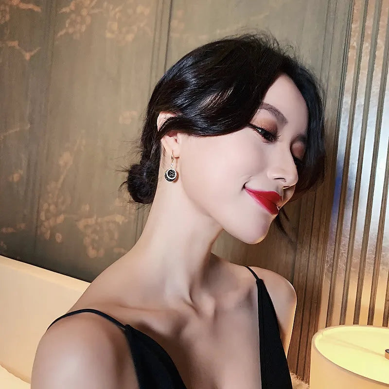 Black alloy geometric round earrings with retro Hong Kong style design measuring 3.6cm in length
