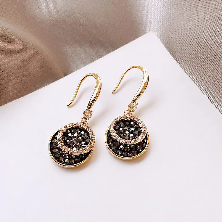 Black alloy geometric round earrings with retro Hong Kong style design measuring 3.6cm in length