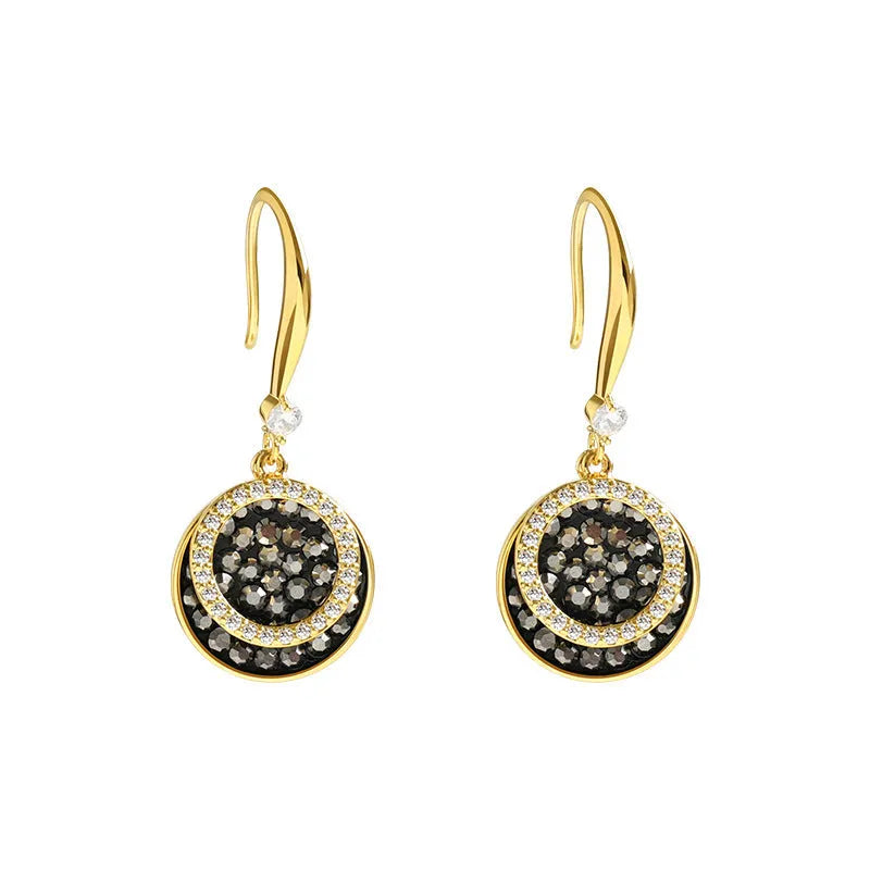 Black alloy geometric round earrings with retro Hong Kong style design measuring 3.6cm in length