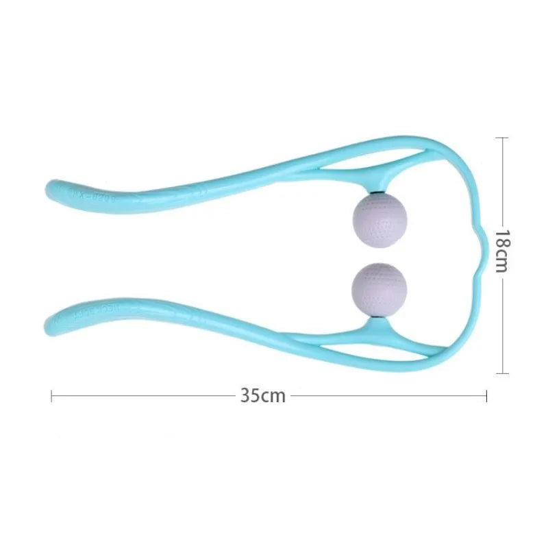Manual neck and shoulder massager with adjustable stand and 3D floating-point rollers in pink, blue, and green colours.