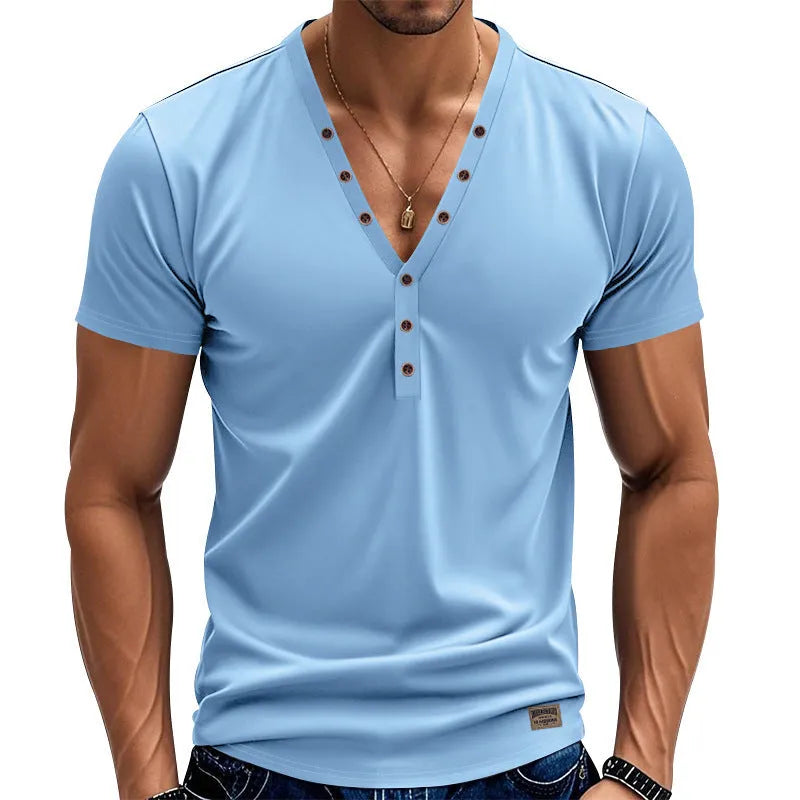 Men's loose-fit solid colour V-neck pullover with button detail on a hanger
