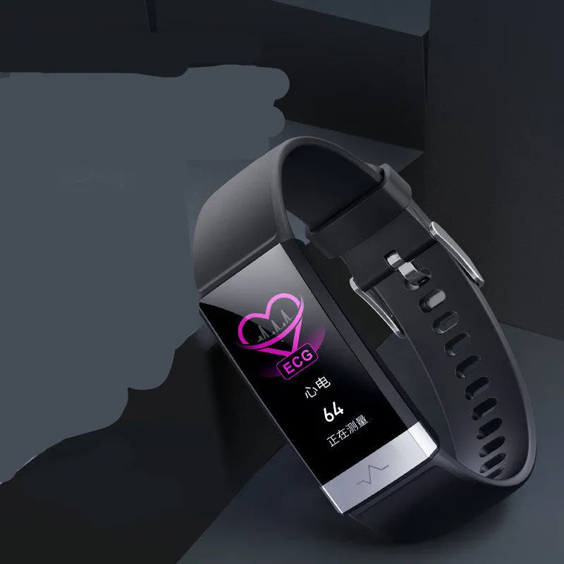V19 smart bracelet with colour touchscreen showing health metrics on black TPU wrist strap