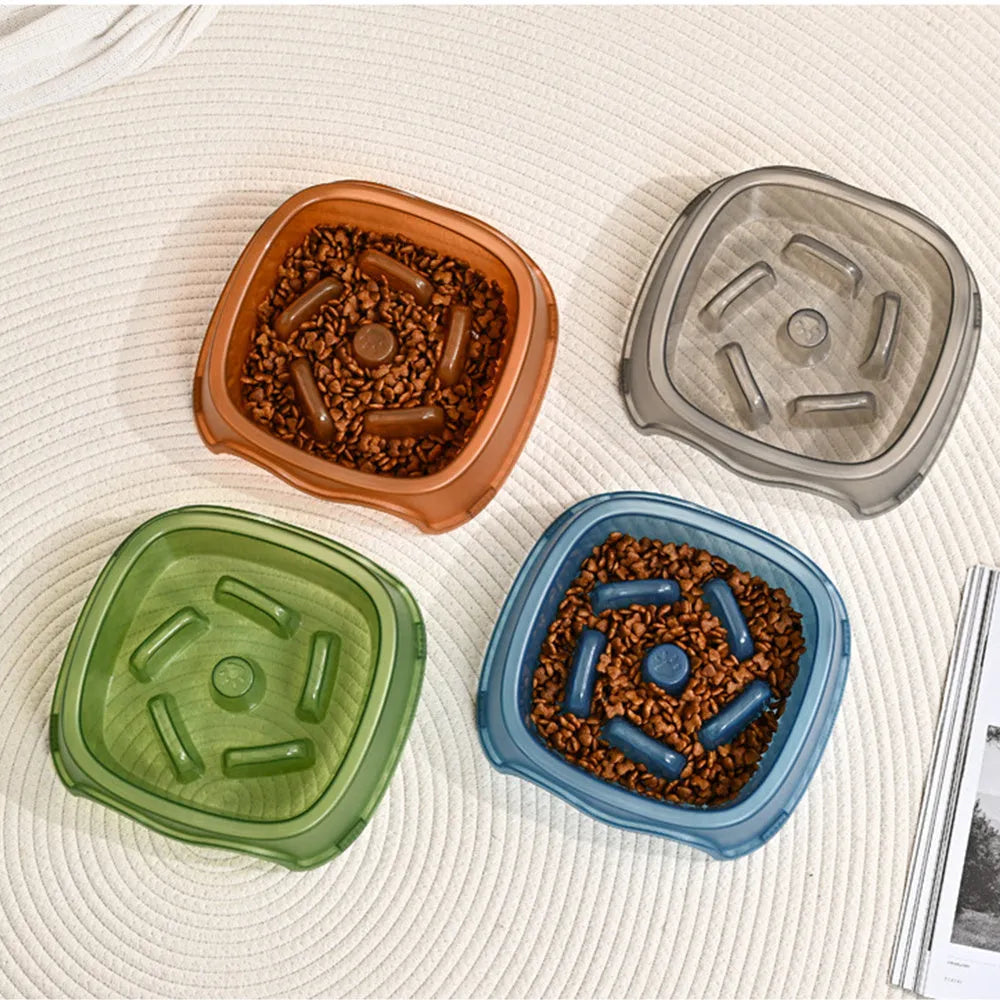Blue plastic slow feeder dog bowl with internal maze pattern for portion control.
