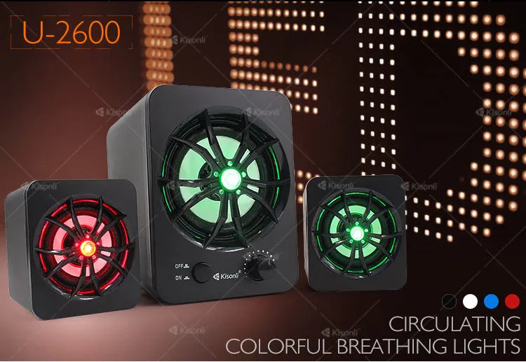 Green 2.1 USB computer speaker with colourful glowing lights and 150cm cable