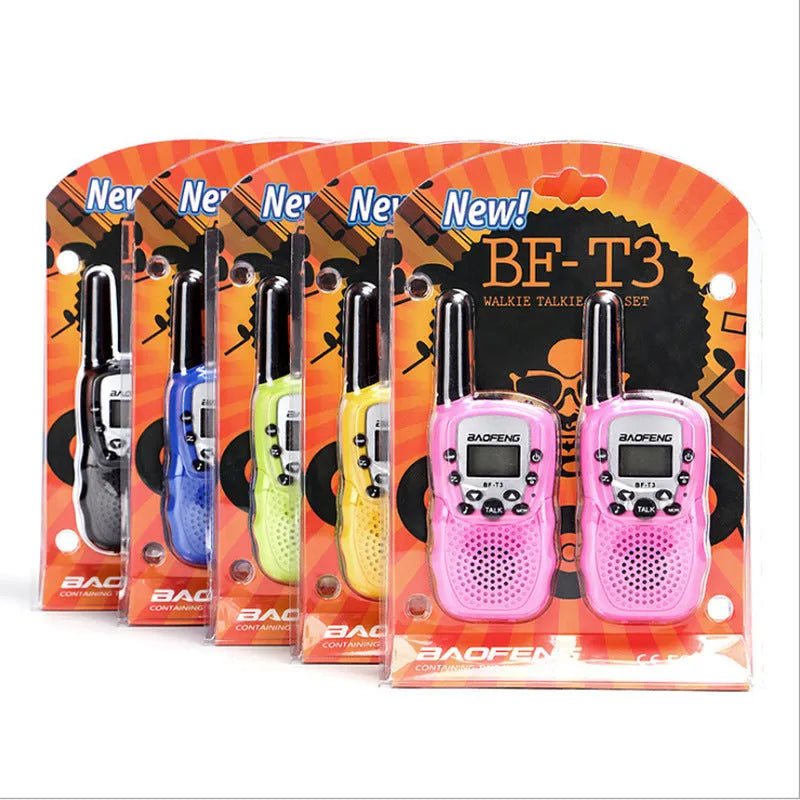 Children's walkie talkie set in multiple colour options showing handheld two-way radios