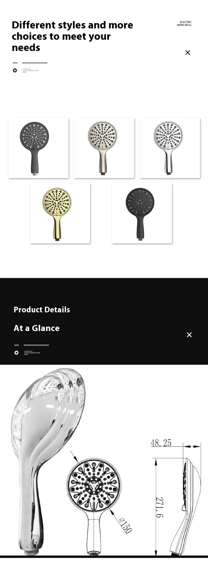 Portable 6-inch handheld shower with electroplated finish showing spray function selector