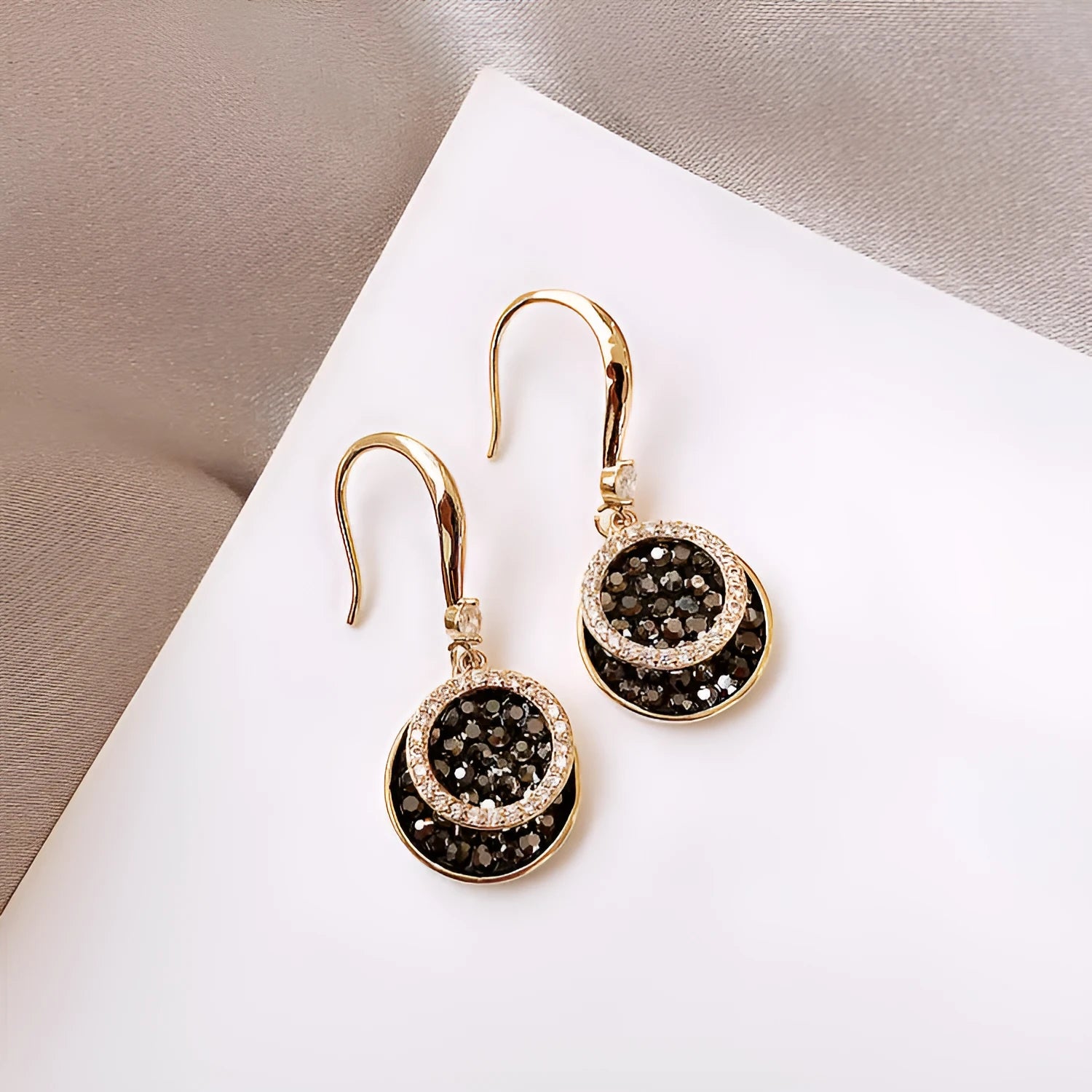 Black alloy geometric round earrings with retro Hong Kong style design measuring 3.6cm in length