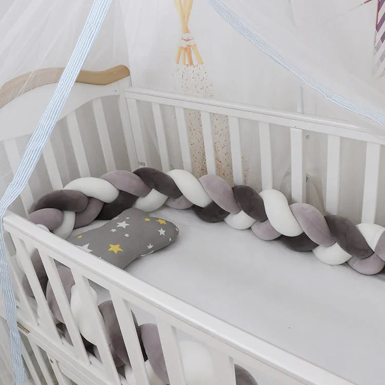 Braided knot crib bumper cushion in spandex velvet protecting infant cot sides