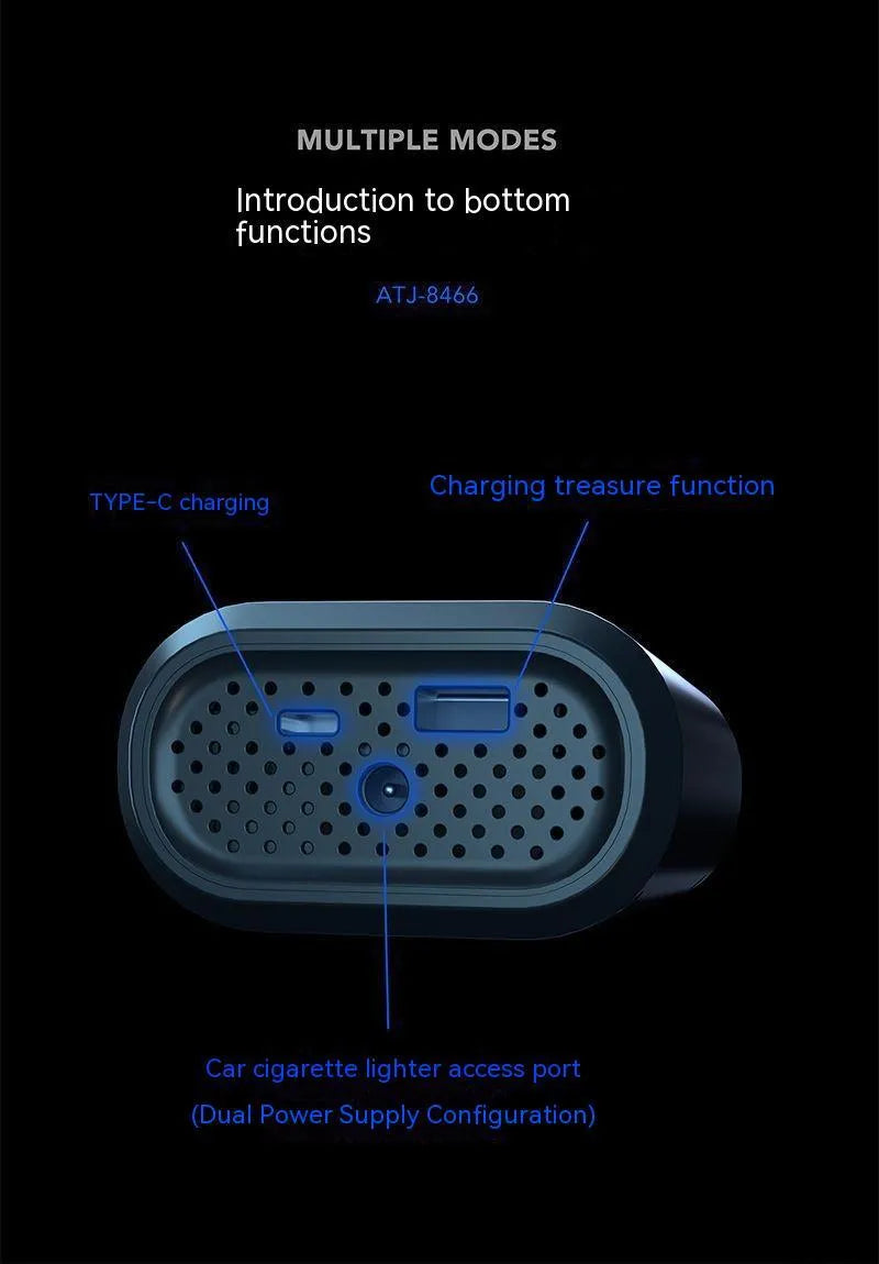 Handheld digital display car tyre inflator pump with LED screen, black ABS body, and air hose.