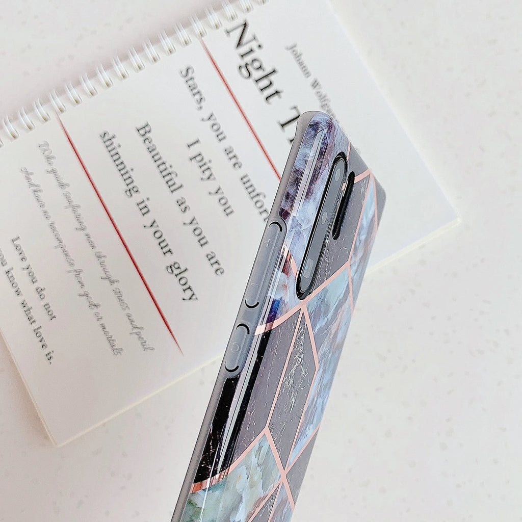 Electroplated marble design TPU mobile phone case for Huawei and Samsung smartphones in various colours.