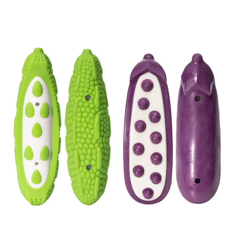 Green and purple biting-resistant meat-scented dog toy shown in large and small sizes for strong chewers