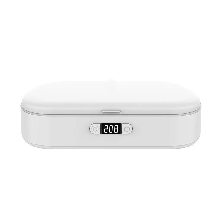 White UV sterilisation box with aromatherapy function for wireless charging and disinfection of personal items