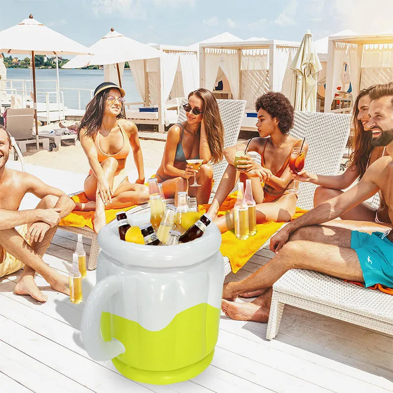 Yellow inflatable PVC ice bucket for drinks, shown deflated and inflated.